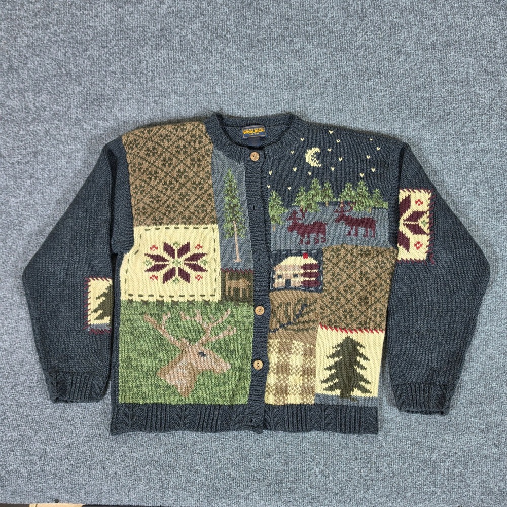 Woolrich Womens Large Patchwork Cardigan Sweater Cotton Cabin Deer Moose FLAW